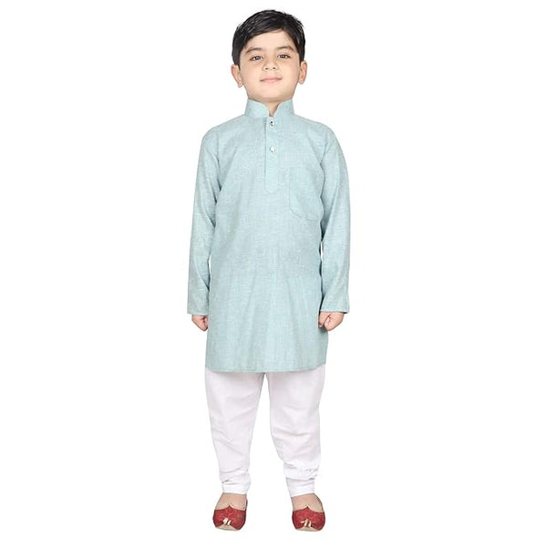 Kids Light Blue Cotton Kurta Pyjama Set