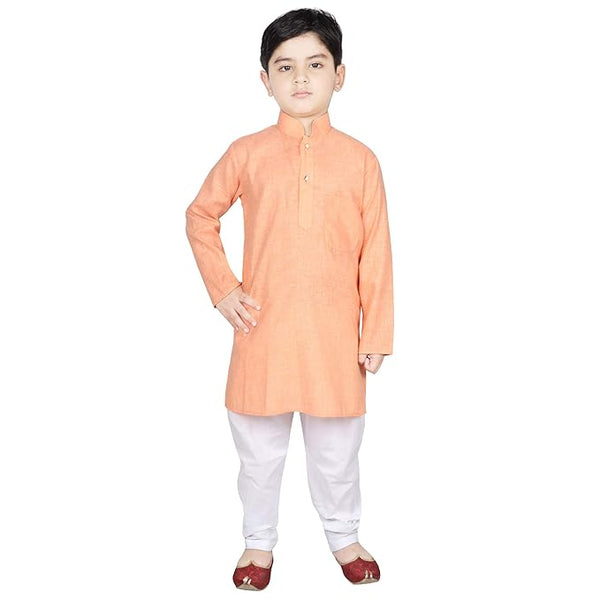 Kids Orange Cotton Kurta Pyjama Set