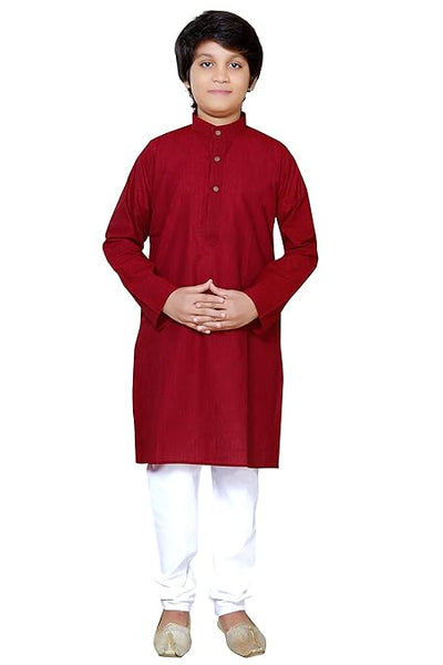 Boys Ethnic Wear Cotton Maroon Kurta Pajama Set