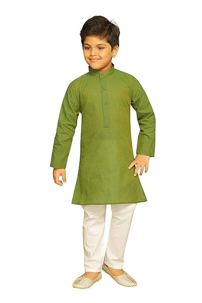 Boys Ethnic Wear Cotton Mehandi Green Kurta Pajama Set