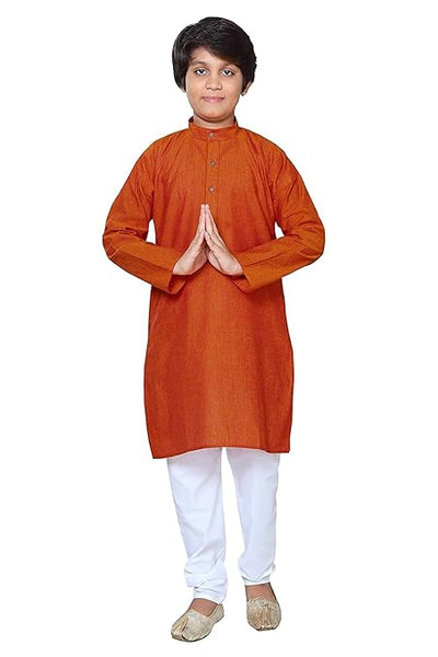 Boys Ethnic Wear Cotton Orange Kurta Pajama Set