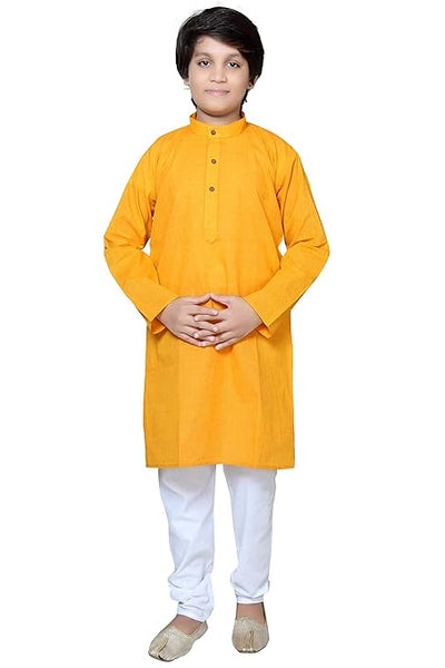 Boys Ethnic Wear Cotton Yellow Kurta Pajama Set