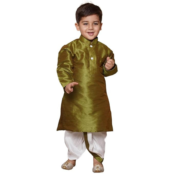 Kids Silk Green Dhoti Kurta Set For Boys