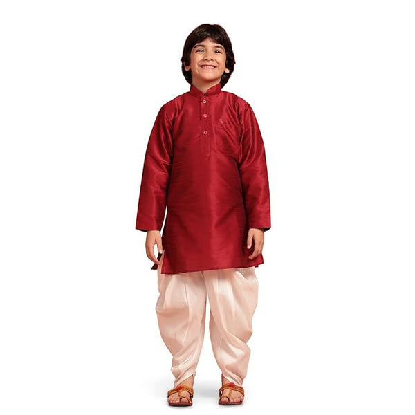 Kids Silk Maroon Kurta Patiala Set for Boys