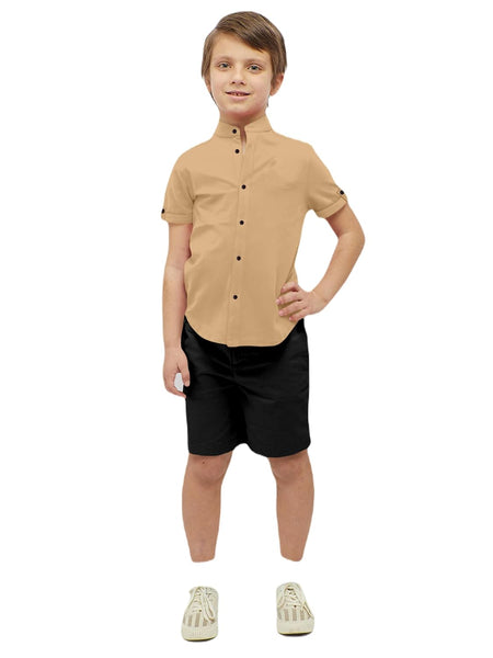 Boys Cotton Blend Mandarin Neck Beige Shirt