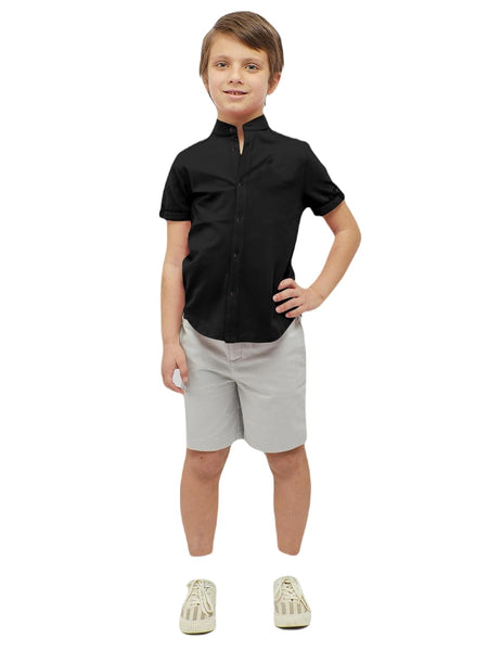 Boys Cotton Blend Mandarin Neck Black Shirt