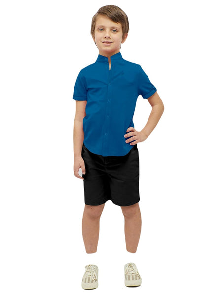 Boys Cotton Blend Mandarin Neck Blue Shirt