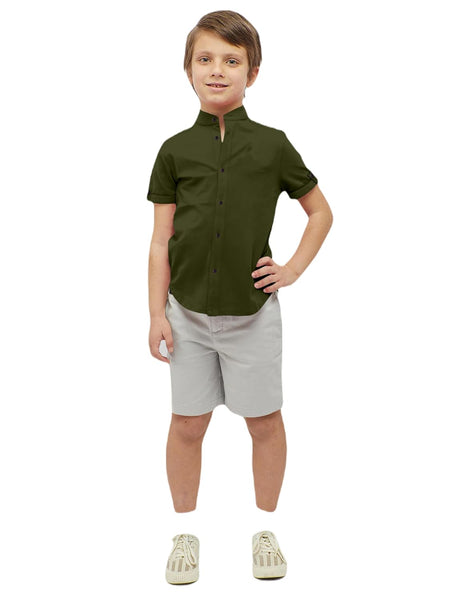 Boys Cotton Blend Mandarin Neck Mehandi Shirt