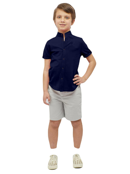 Boys Cotton Blend Mandarin Neck Navy Blue Shirt