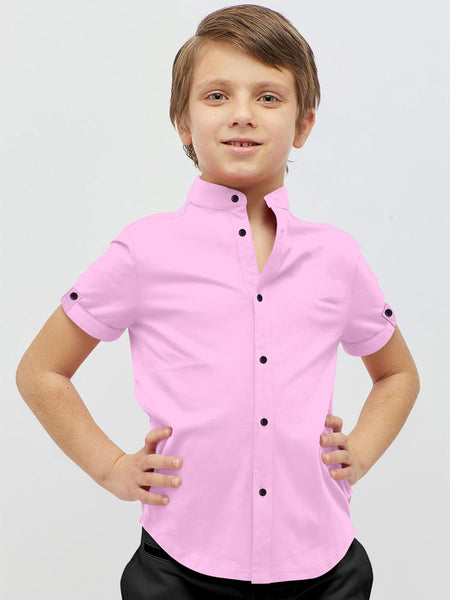 Boys Cotton Blend Mandarin Neck Pink Shirt