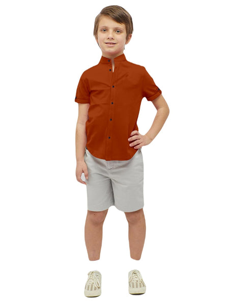 Boys Cotton Blend Mandarin Neck Rust Shirt