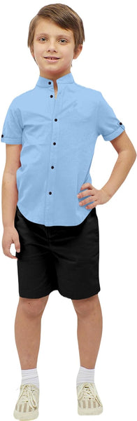 Boys Cotton Blend Mandarin Neck Sky Blue Shirt