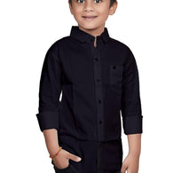 Cotton Black Shirt for Kids Spread Collor