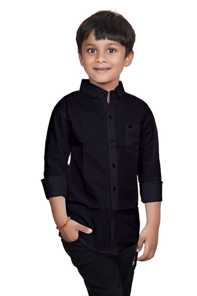 Cotton Black Shirt for Kids Spread Collor