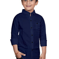 Cotton Navy Blue Shirt for Kids Spread Collor