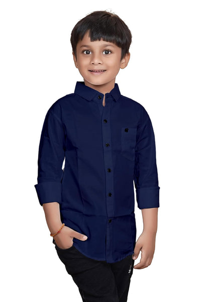 Cotton Navy Blue Shirt for Kids Spread Collor