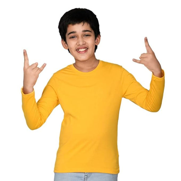 Boys Yellow Cotton Full Sleeve Solid Tshirt