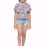 Pretty Stylish Grey Floral Girls Tops & Tunics