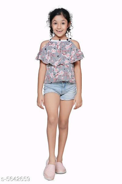 Pretty Stylish Grey Floral Girls Tops & Tunics