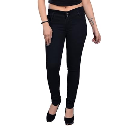 Black Slim Fit Girls Plain 2 Button Casual Denim Jeans