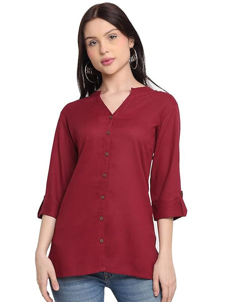 Maroon Women's Rayon Solid Top Kurti