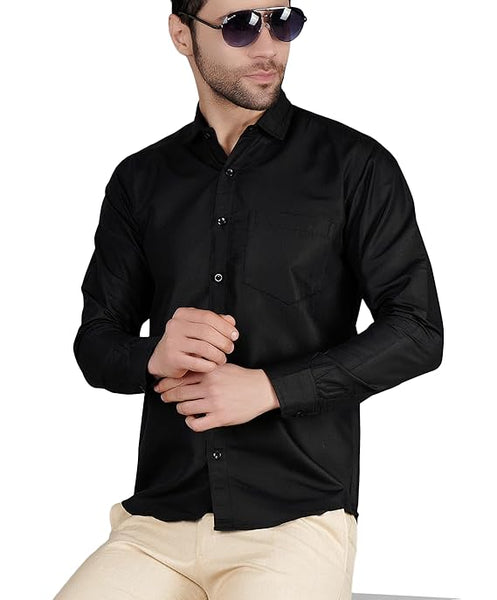 Black Mens Slim fit Solid Casual Cotton Shirt