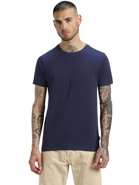 Men Pure Cotton Navy Blue T-Shirt