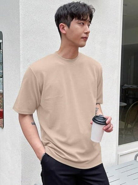 Men Round Neck Beige T-Shirt