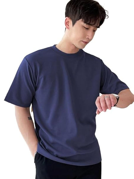 Men Round Neck Navy Blue T-Shirt