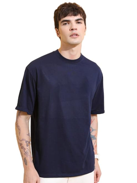 Men Cotton Loose Fit Navy Blue T-Shirt