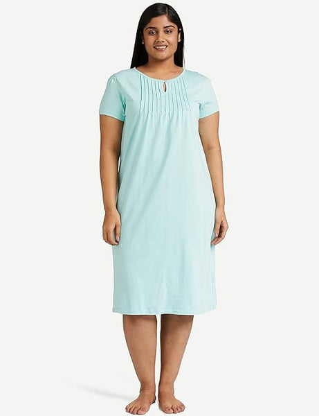 Blue Women's Cotton Knee Length Night Gown-3XL