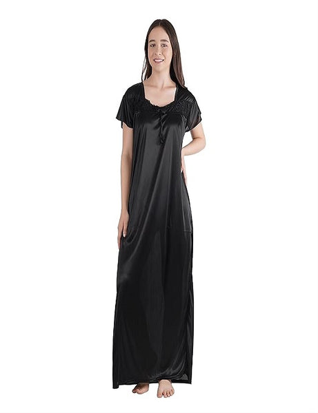 Black Women's Premium Satin Half Sleeve Nighty-L