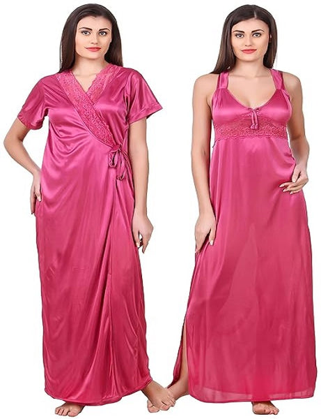 Women's Satin Solid Ankle Length Nightwear Set-XXL