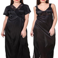 Black Women's Satin Solid Ankle Length Nightwear Set-S