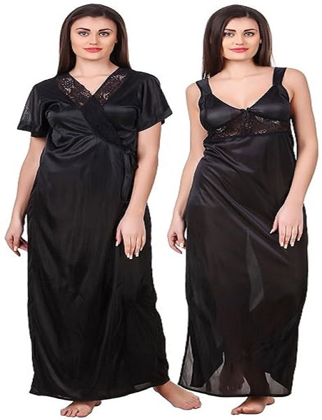 Black Women's Satin Solid Ankle Length Nightwear Set-4XL