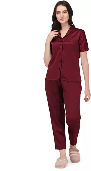 Women Maroon Solid Shirt & Pyjama set -M