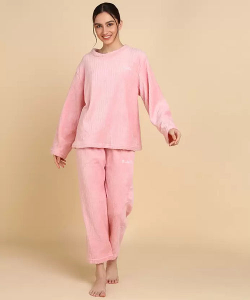 Women Pink Solid Shirt & Pyjama set  -M