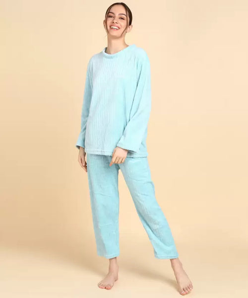 Women Blue Solid Shirt & Pyjama set  -L