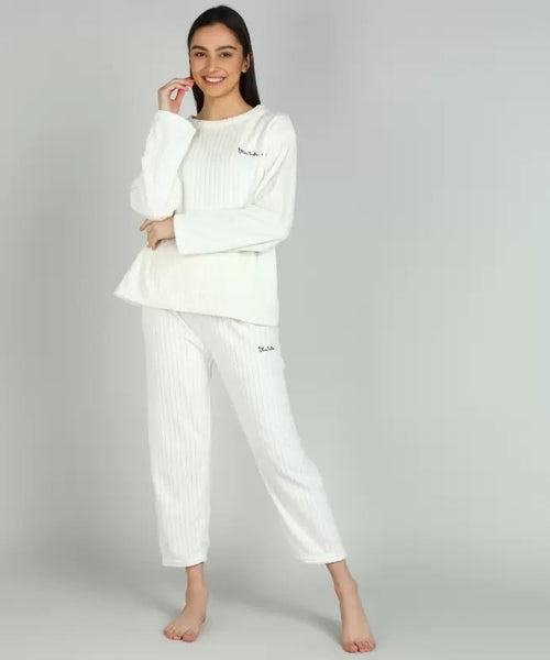 Women White Solid Shirt & Pyjama set