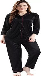 Black Women Solid Shirt & Pyjama set -M