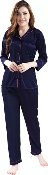 Blue Women Solid Shirt & Pyjama set -L