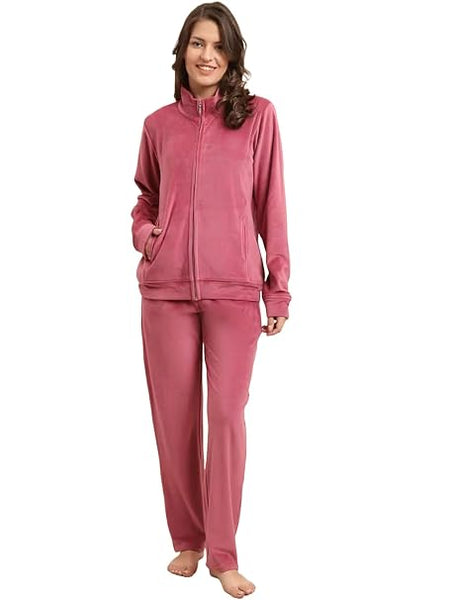 Pink Women Solid Fleece Zipper Night Wear