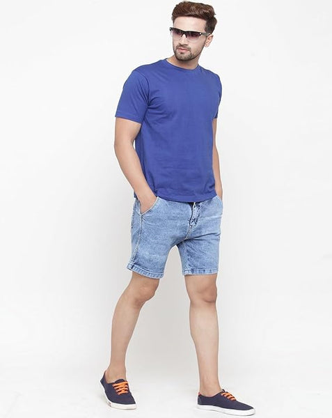 Blue Men Regular Fit Knee Length Denim Shorts