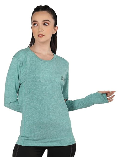 Sea Green Women's Round Neck Full Sleeves Gym T-Shirt