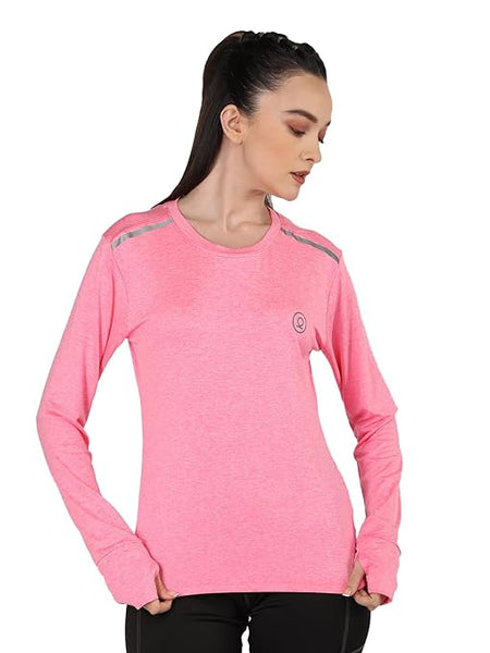 Pink Women's Round Neck Full Sleeves Gym T-Shirt