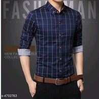 Classy Navy Cotton Checkered Men Shirts