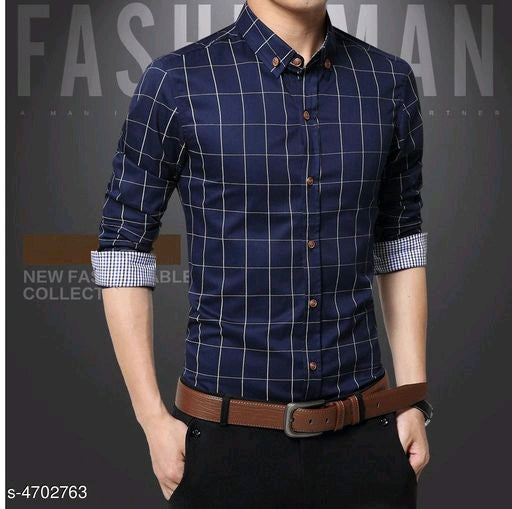 Classy Navy Cotton Checkered Men Shirts