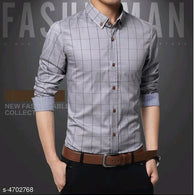 Classy Grey Cotton Checkered Men Shirts