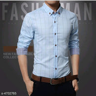 Classy Blue Cotton Checkered Men Shirts