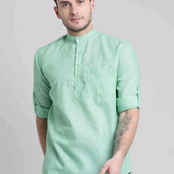 Trendy Green Cotton Roll up Sleeve Men Shirts